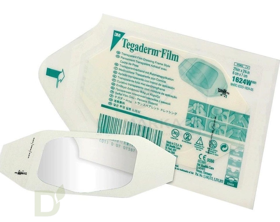 Пластырь прозрачный плёночный Тегадерм для фиксации сенсоров (3M™ Tegaderm Film) 1624W, 6 x 7 см, 1 шт
