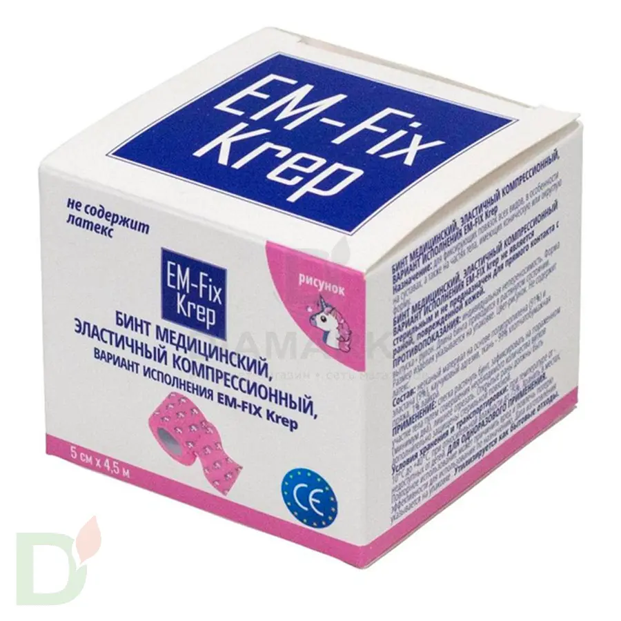 Бинт самофиксирующийся EM-Fix krep Розовый с единорогом, 5см*4,5м в Туле