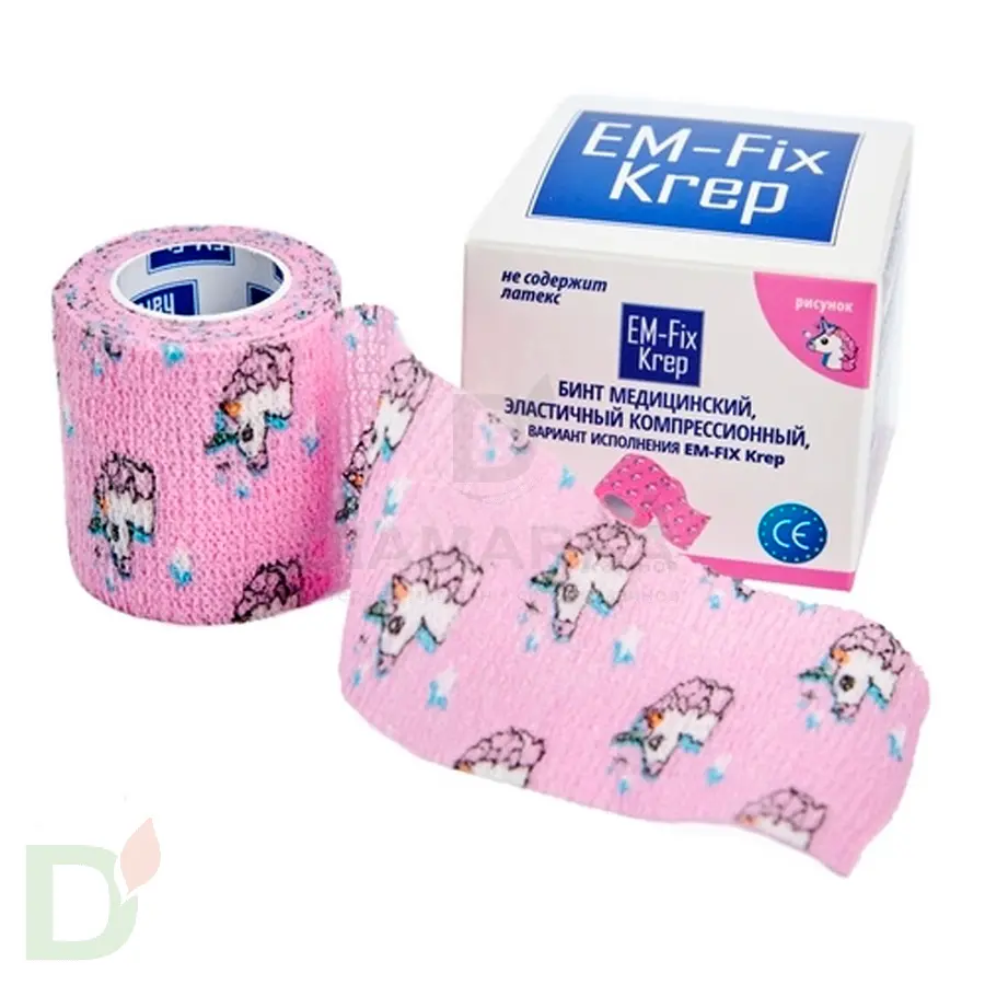 Бинт самофиксирующийся EM-Fix krep Розовый с единорогом, 5см*4,5м в Туле
